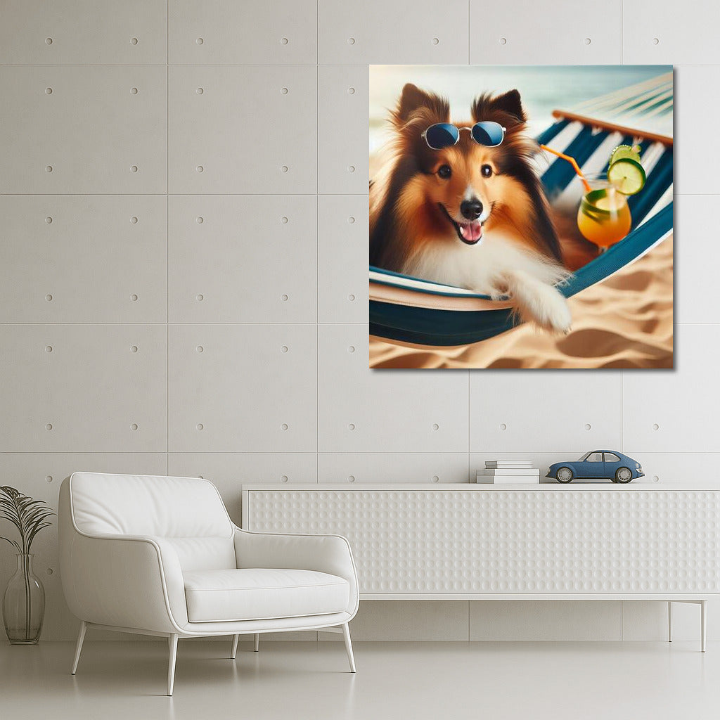 Sheltie in a Hammock: Beach Relaxation with a Cocktail