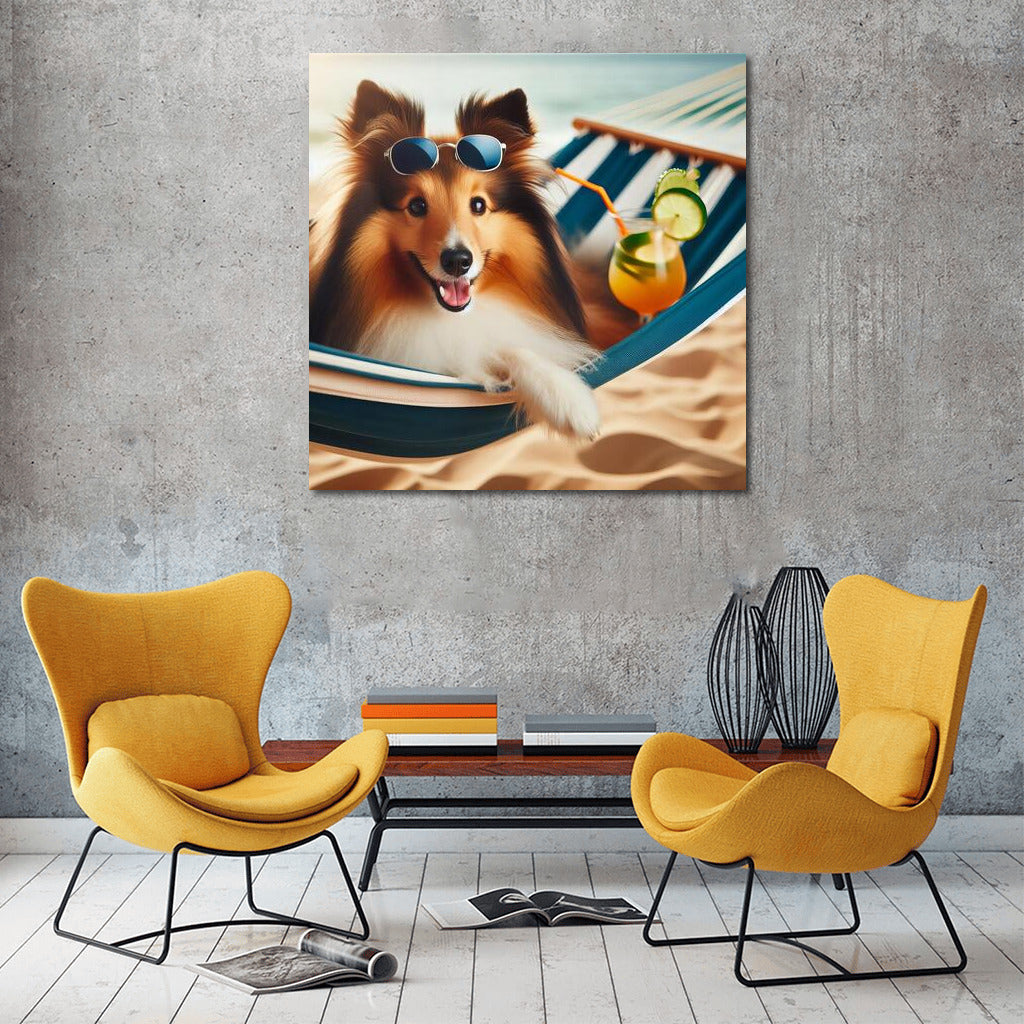 Sheltie in a Hammock: Beach Relaxation with a Cocktail