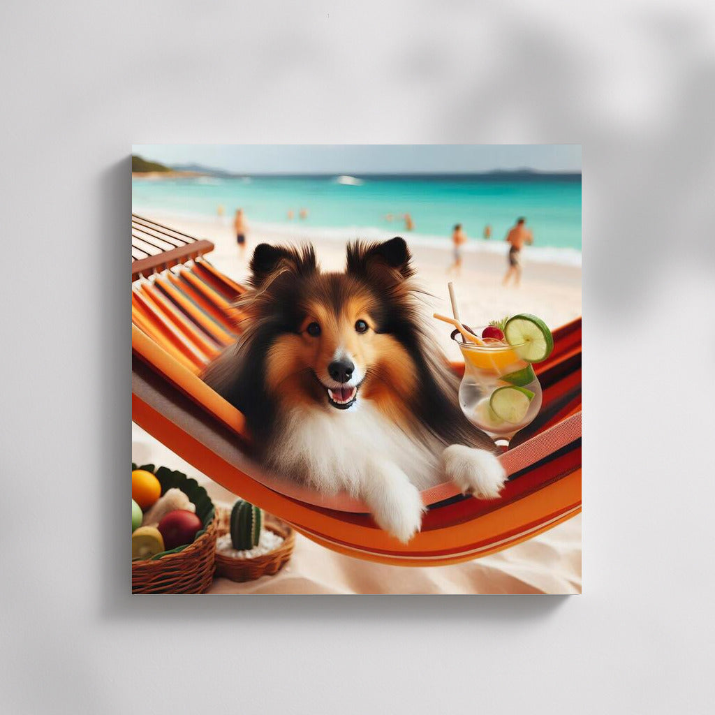 Sheltie on the Beach: Relaxing in a Hammock with a Cocktail