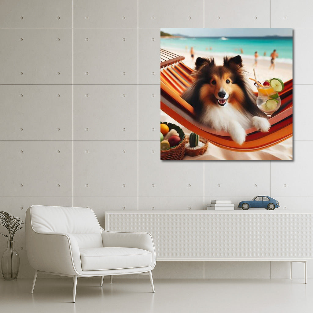 Sheltie on the Beach: Relaxing in a Hammock with a Cocktail