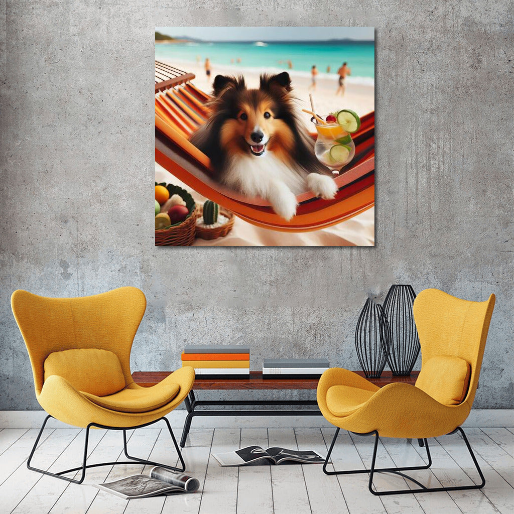 Sheltie on the Beach: Relaxing in a Hammock with a Cocktail