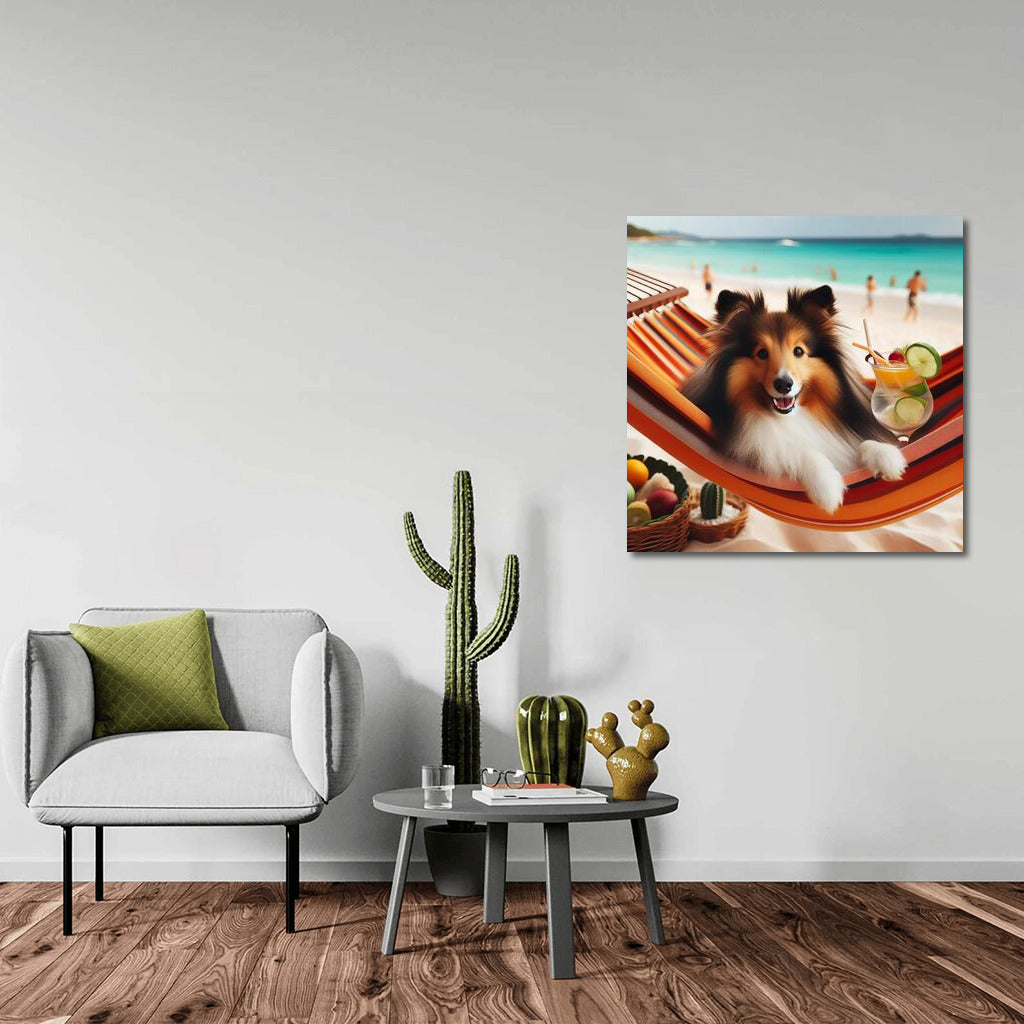 Sheltie on the Beach: Relaxing in a Hammock with a Cocktail