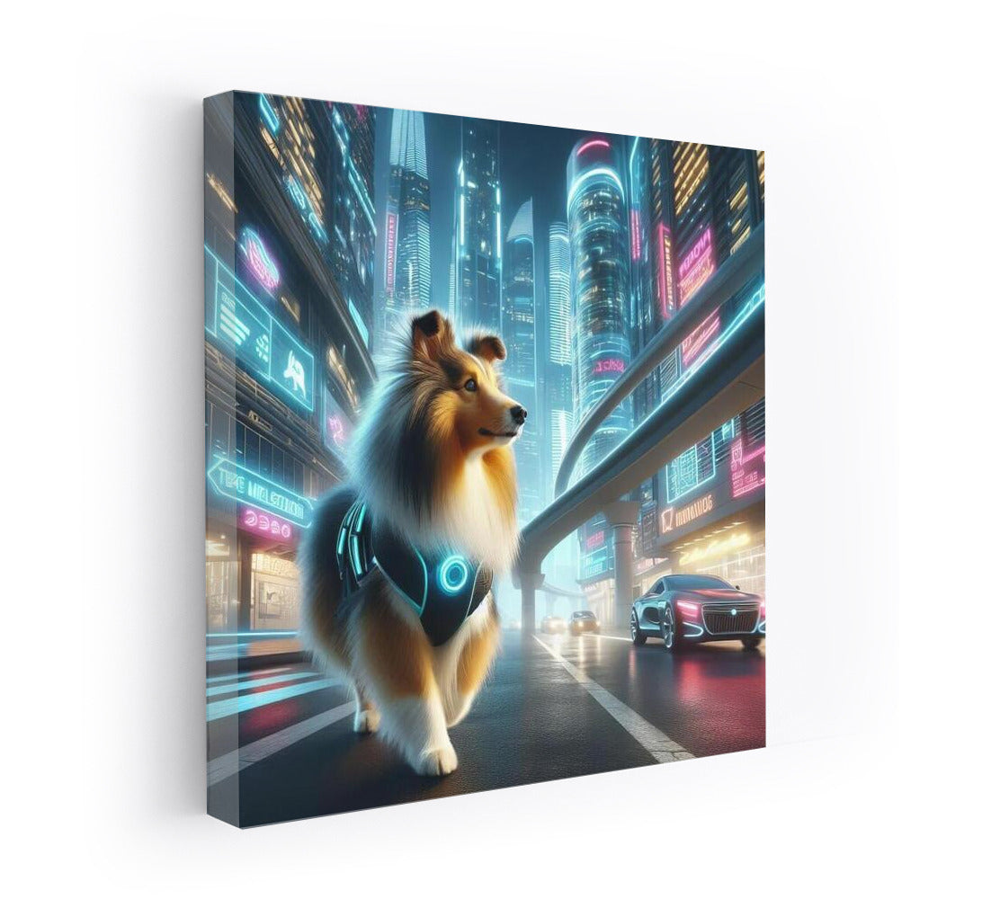 Shelties in Neon City Dreams: Futuristic Landscape with Shelties