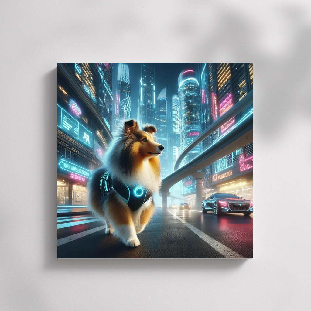 Shelties in Neon City Dreams: Futuristic Landscape with Shelties