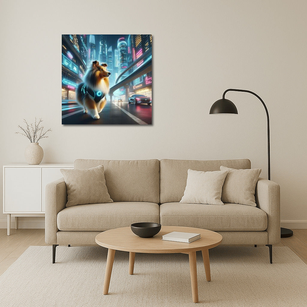 Shelties in Neon City Dreams: Futuristic Landscape with Shelties