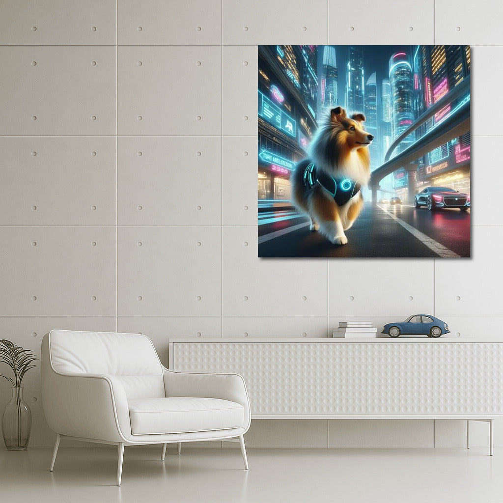 Shelties in Neon City Dreams: Futuristic Landscape with Shelties