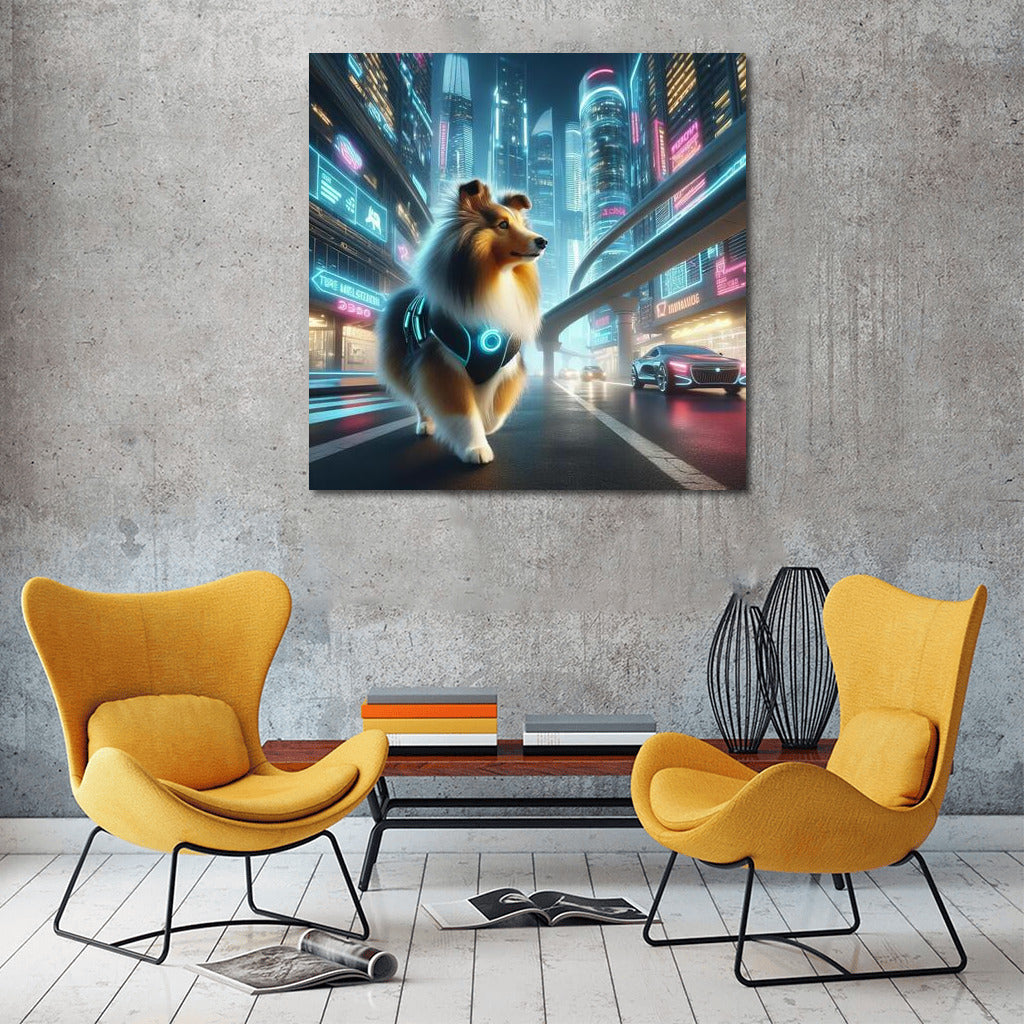Shelties in Neon City Dreams: Futuristic Landscape with Shelties
