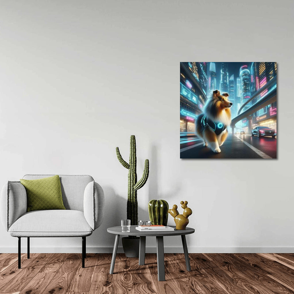 Shelties in Neon City Dreams: Futuristic Landscape with Shelties
