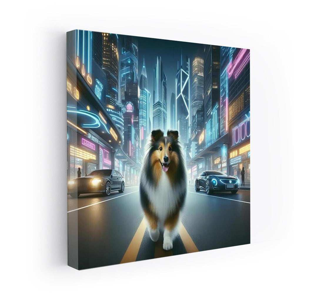 Sheltie in Neon City: Futuristic Landscape