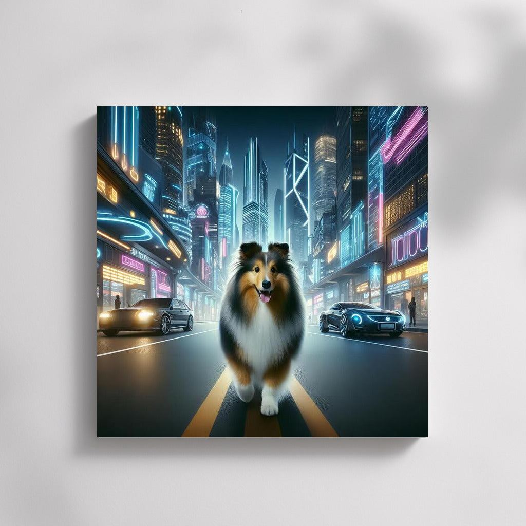 Sheltie in Neon City: Futuristic Landscape