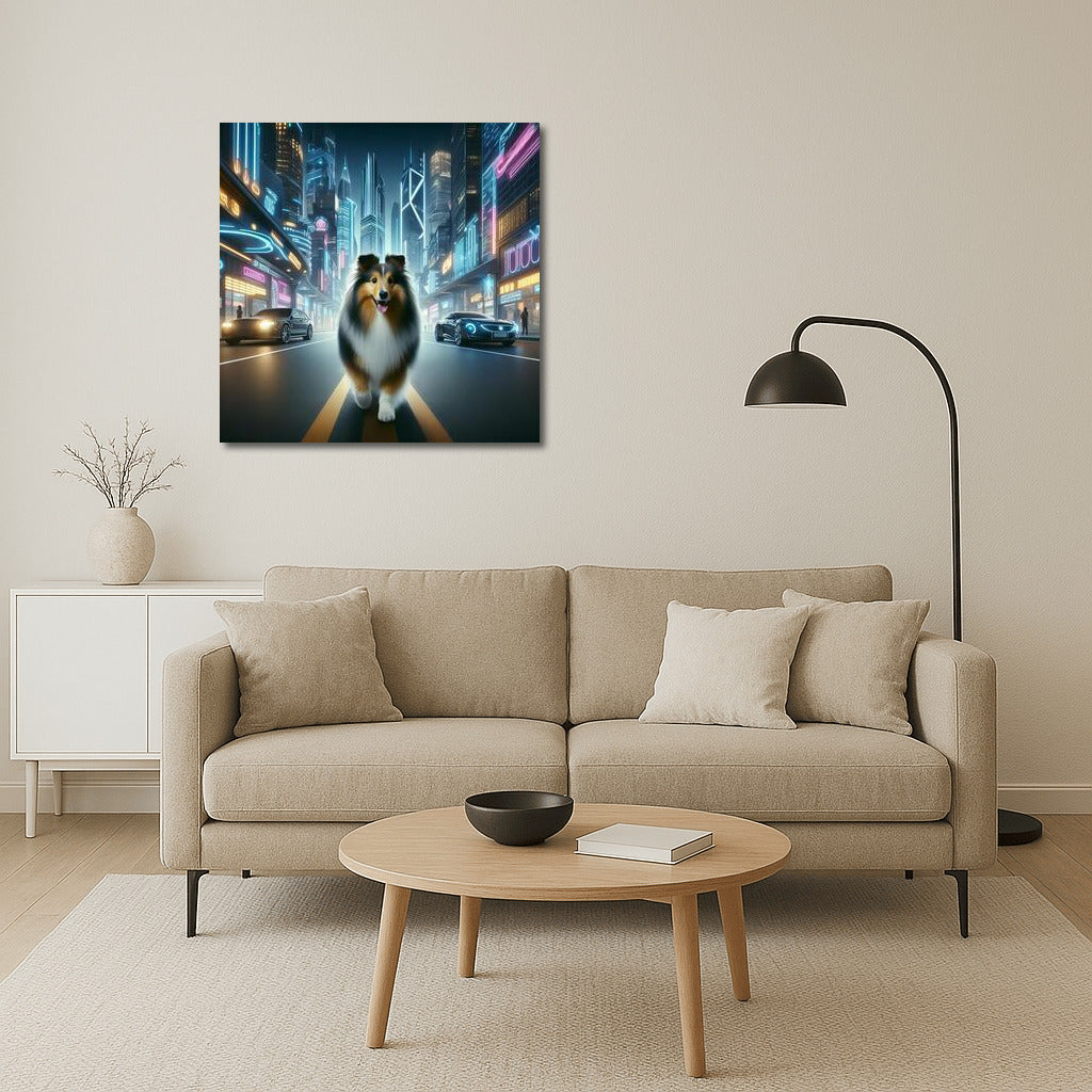 Sheltie in Neon City: Futuristic Landscape