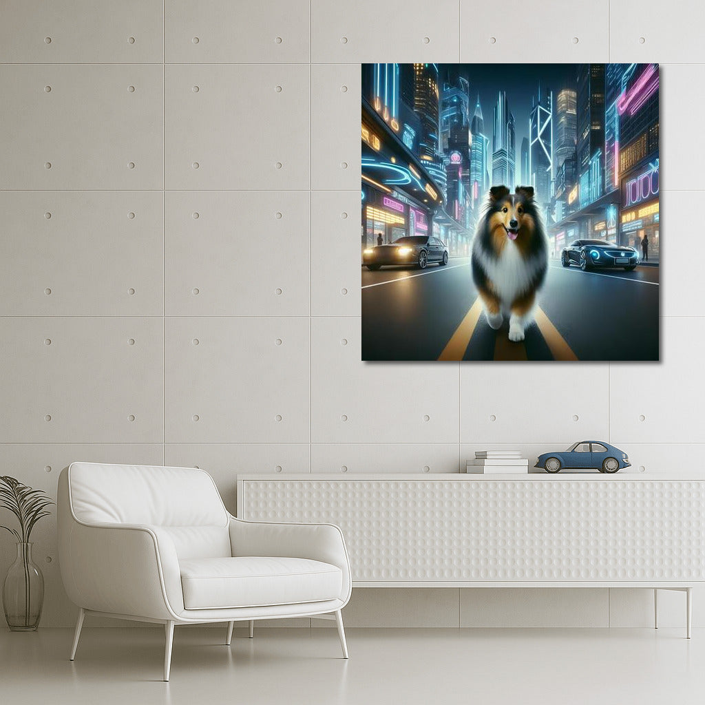 Sheltie in Neon City: Futuristic Landscape