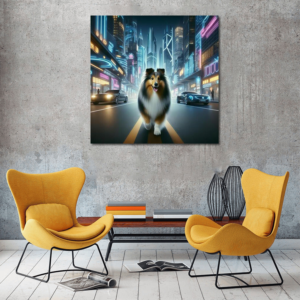 Sheltie in Neon City: Futuristic Landscape
