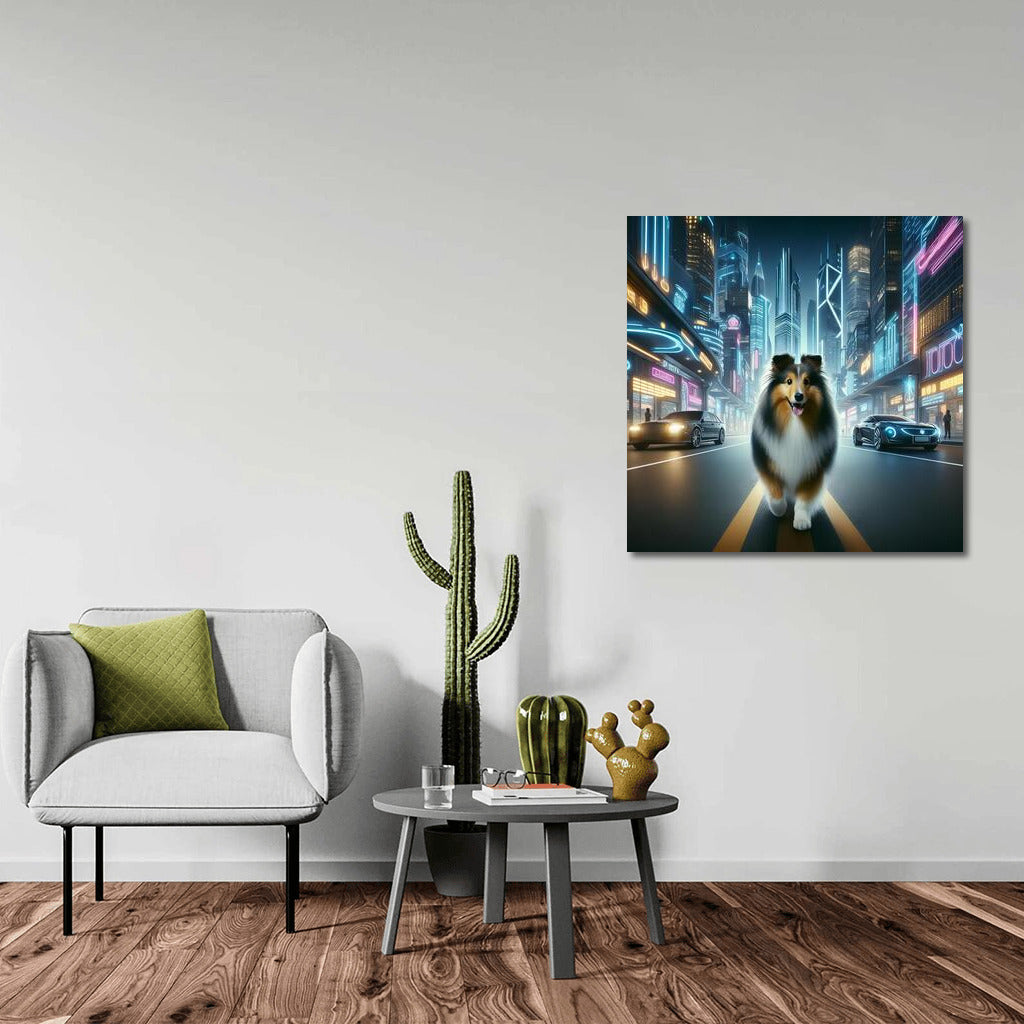 Sheltie in Neon City: Futuristic Landscape