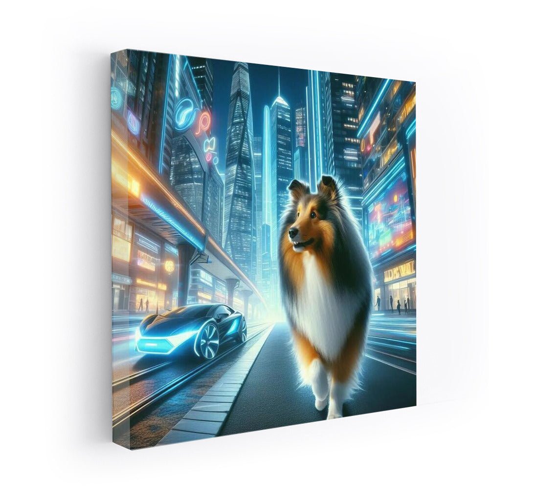 Sheltie in Neon City: Futuristic Landscape with Sparkling Lights and High-Tech Cars