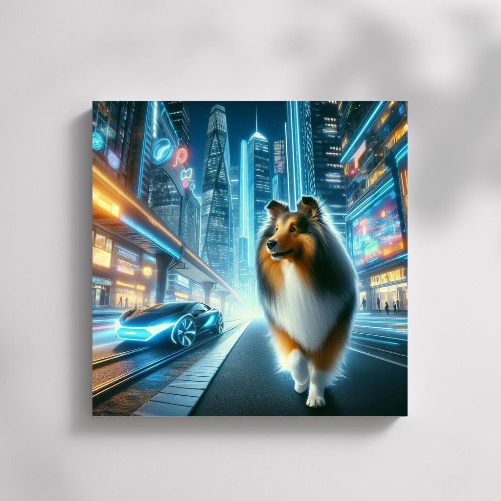 Sheltie in Neon City: Futuristic Landscape with Sparkling Lights and High-Tech Cars