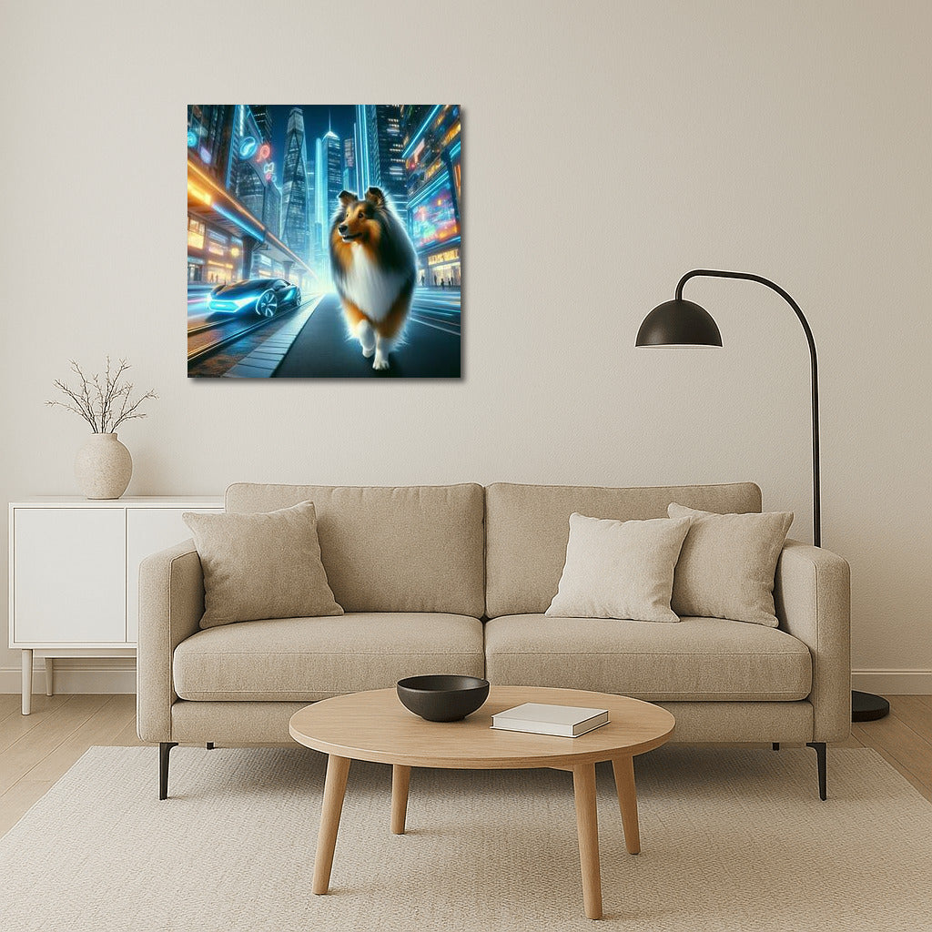Sheltie in Neon City: Futuristic Landscape with Sparkling Lights and High-Tech Cars