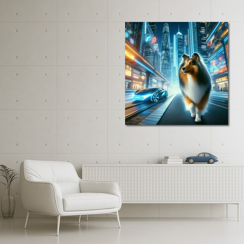 Sheltie in Neon City: Futuristic Landscape with Sparkling Lights and High-Tech Cars