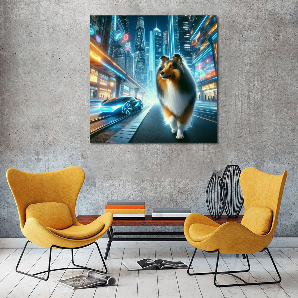 Sheltie in Neon City: Futuristic Landscape with Sparkling Lights and High-Tech Cars
