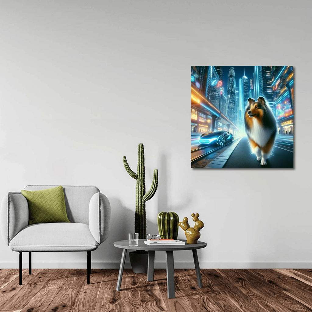 Sheltie in Neon City: Futuristic Landscape with Sparkling Lights and High-Tech Cars