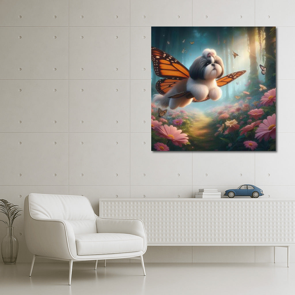 Soaring Shih Tzu: Butterfly Flight in the Fairytale Forest