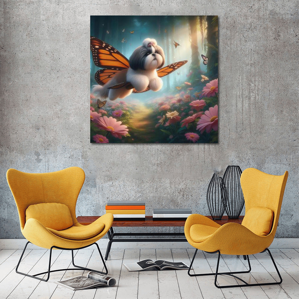 Soaring Shih Tzu: Butterfly Flight in the Fairytale Forest
