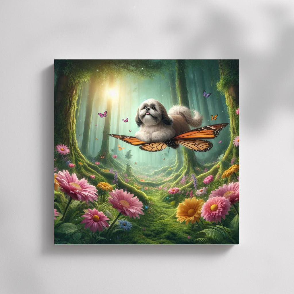 Shih Tzu on Butterfly Wings: Magical Flight Among Fairytale Flowers