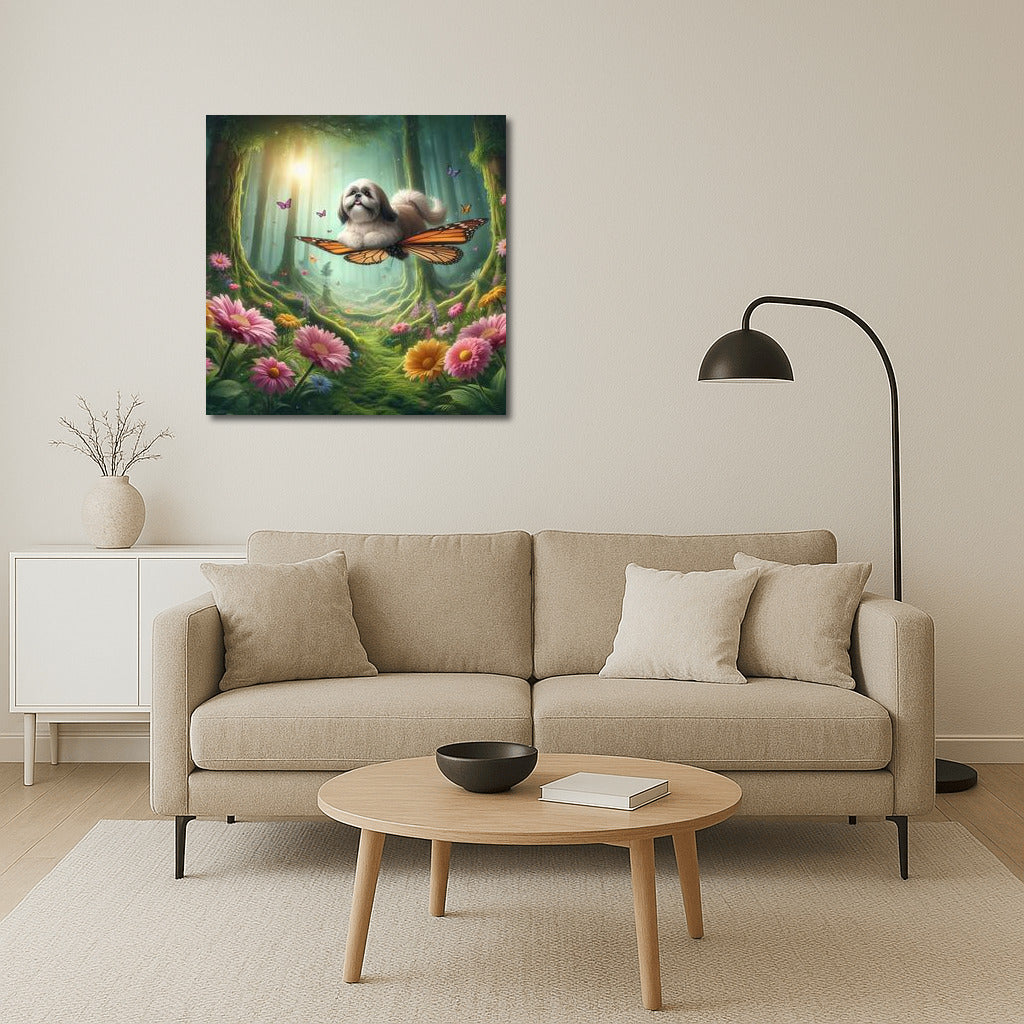 Shih Tzu on Butterfly Wings: Magical Flight Among Fairytale Flowers
