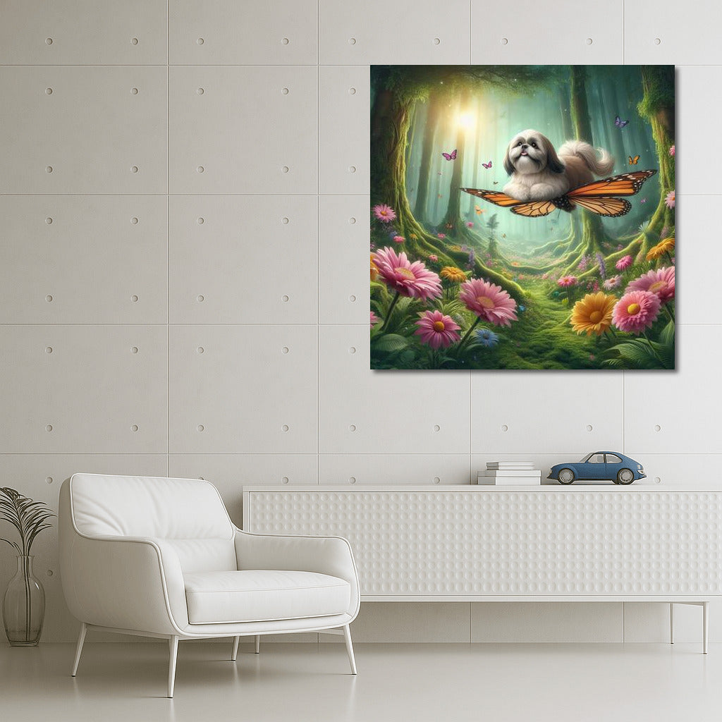 Shih Tzu on Butterfly Wings: Magical Flight Among Fairytale Flowers