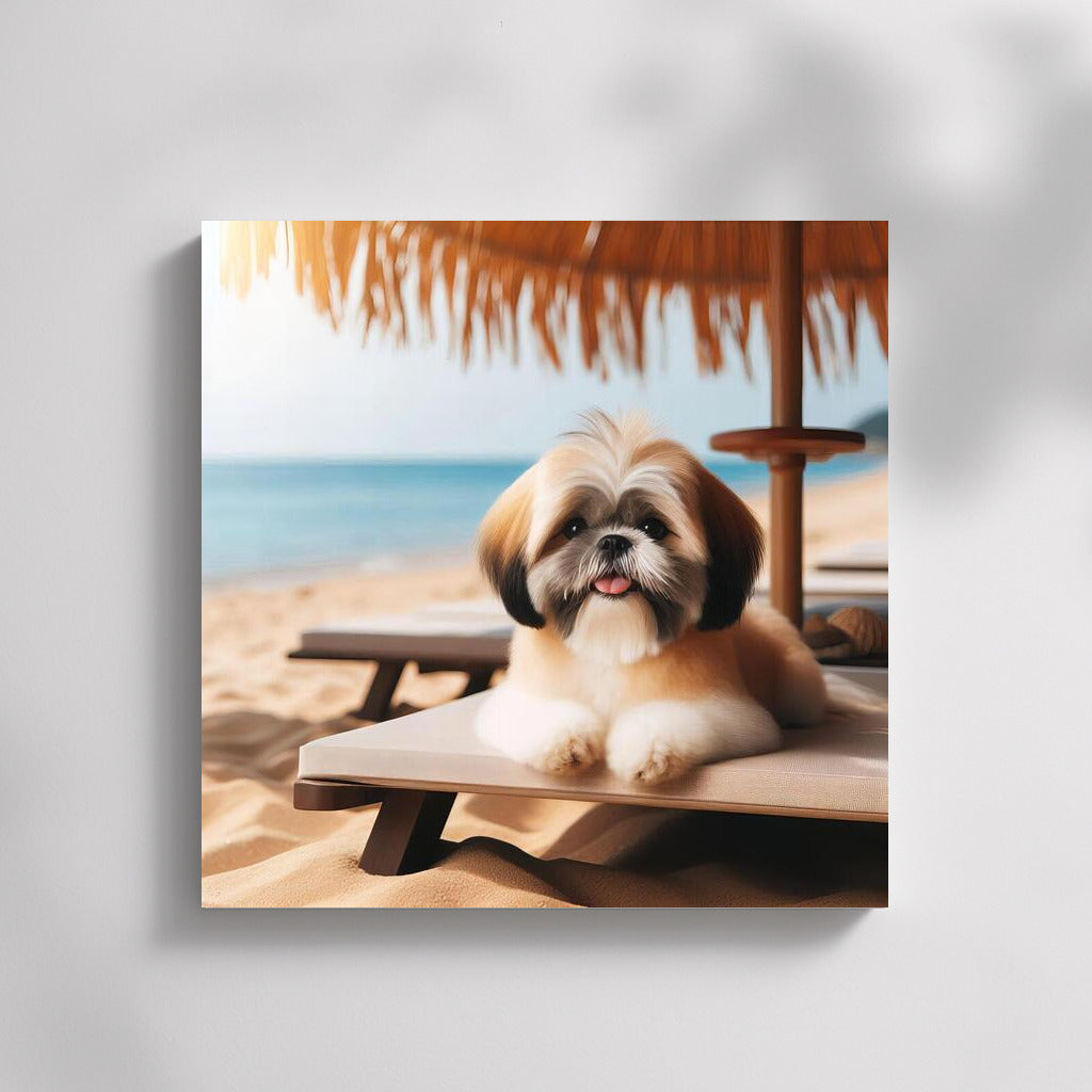 Summer Vacation: Shih Tzu on the Beach Under an Umbrella