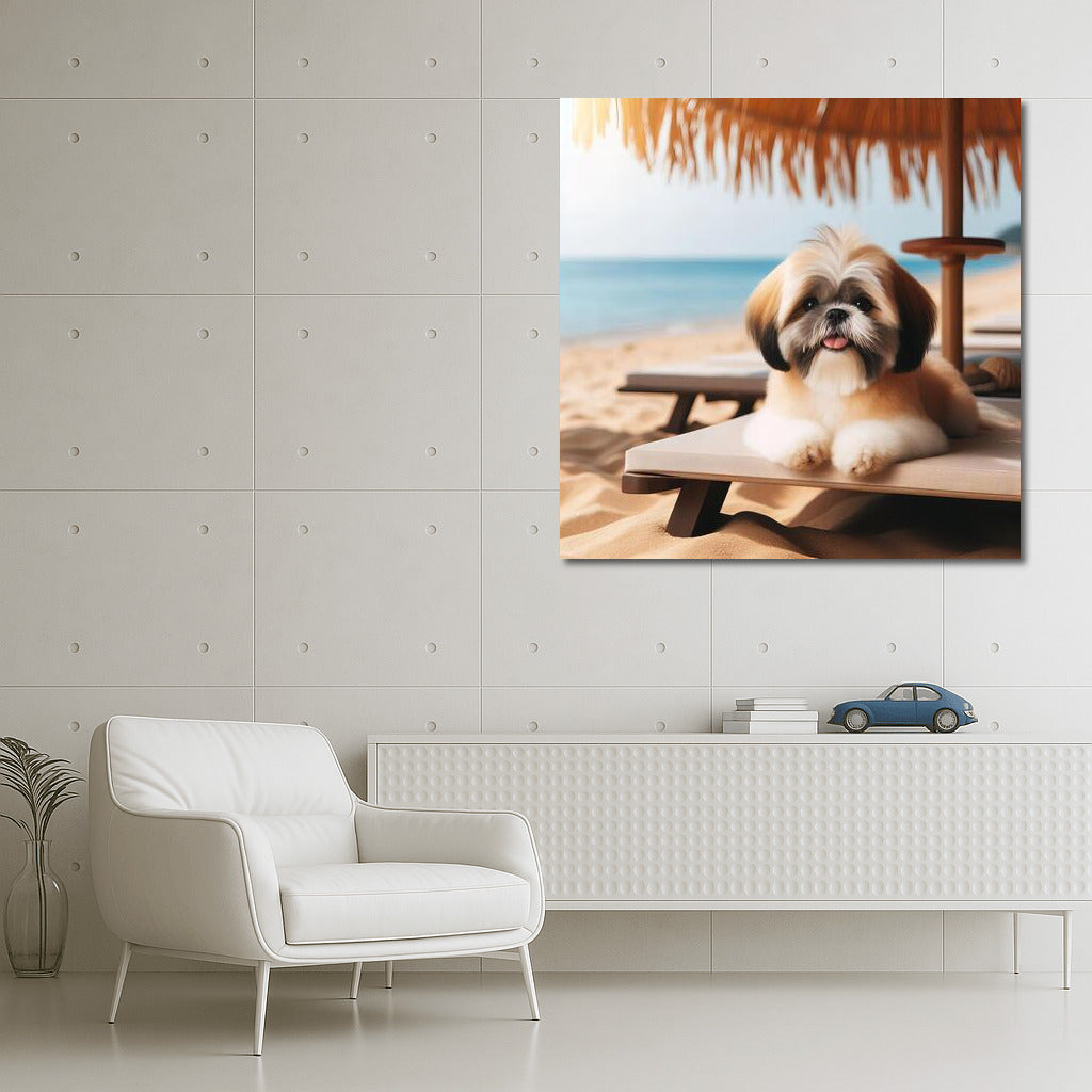 Summer Vacation: Shih Tzu on the Beach Under an Umbrella