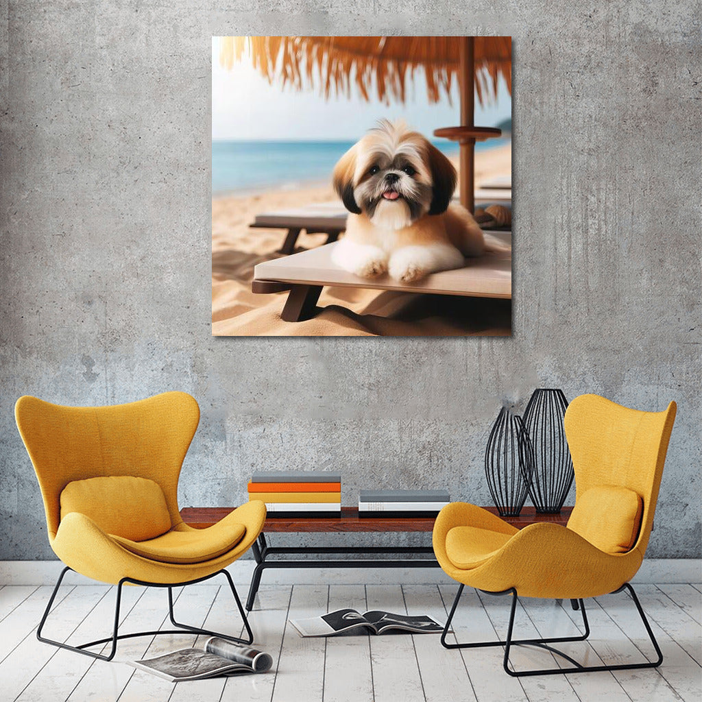 Summer Vacation: Shih Tzu on the Beach Under an Umbrella