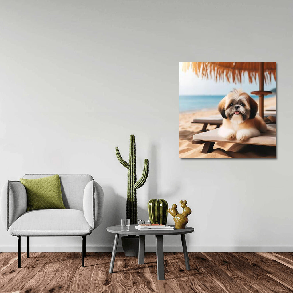 Summer Vacation: Shih Tzu on the Beach Under an Umbrella