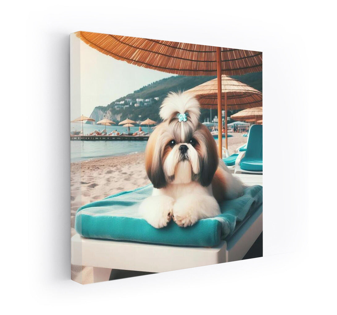 Shih Tzu on the Beach: Summer Relaxation Under an Umbrella