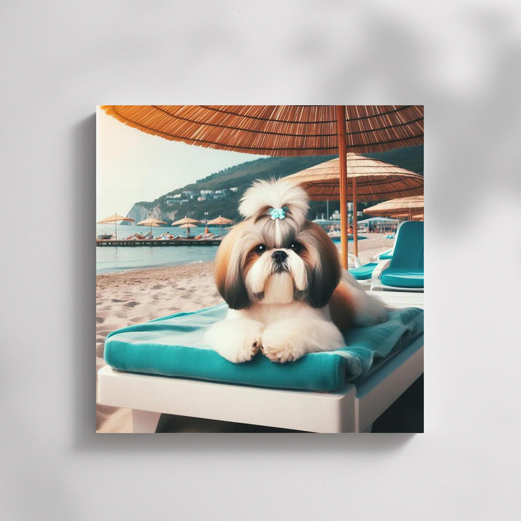 Shih Tzu on the Beach: Summer Relaxation Under an Umbrella