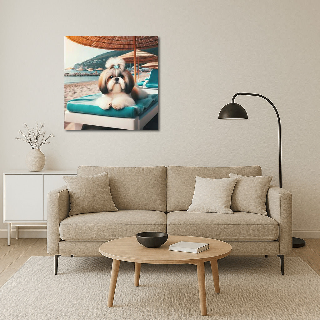 Shih Tzu on the Beach: Summer Relaxation Under an Umbrella