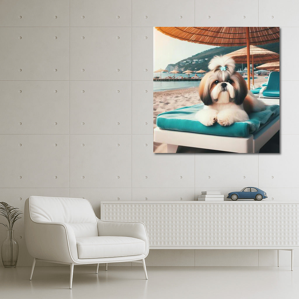 Shih Tzu on the Beach: Summer Relaxation Under an Umbrella