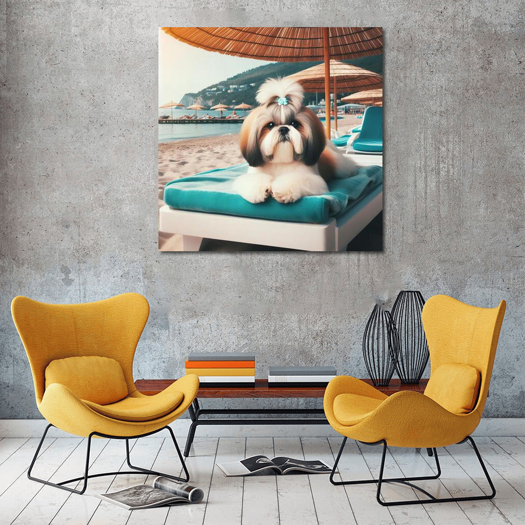 Shih Tzu on the Beach: Summer Relaxation Under an Umbrella