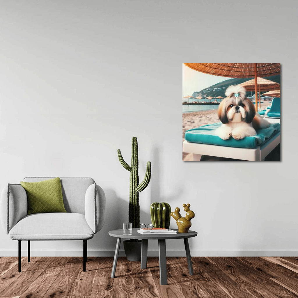 Shih Tzu on the Beach: Summer Relaxation Under an Umbrella