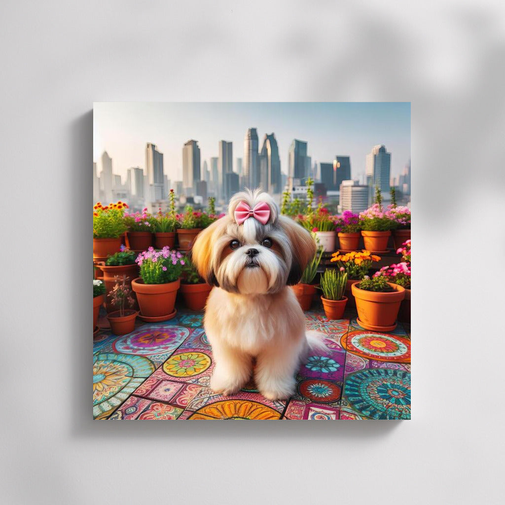 Shih Tzu on a city roof: a stylish look at the panorama