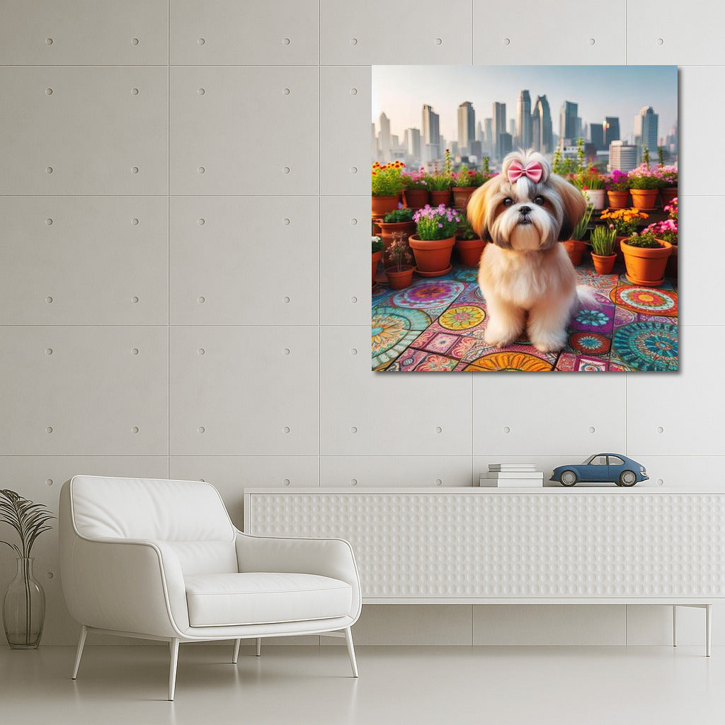 Shih Tzu on a city roof: a stylish look at the panorama