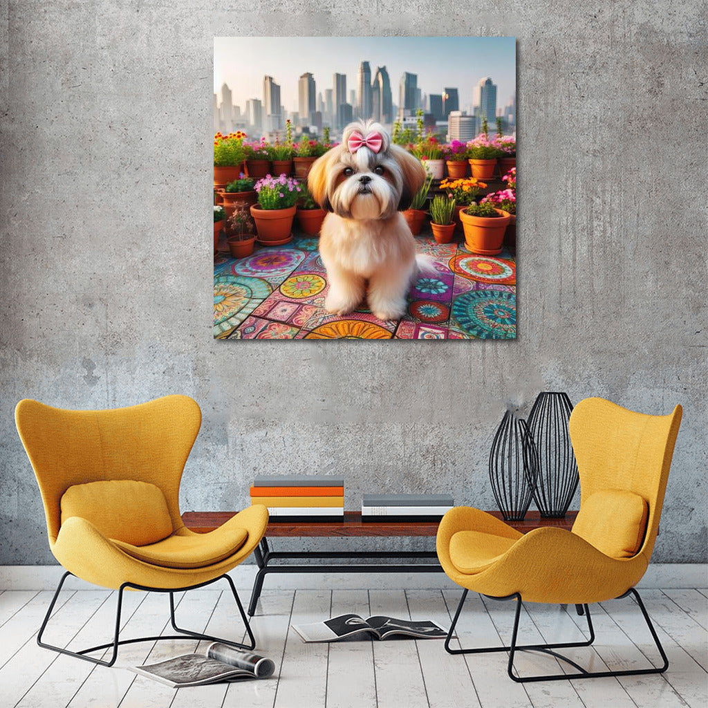 Shih Tzu on a city roof: a stylish look at the panorama