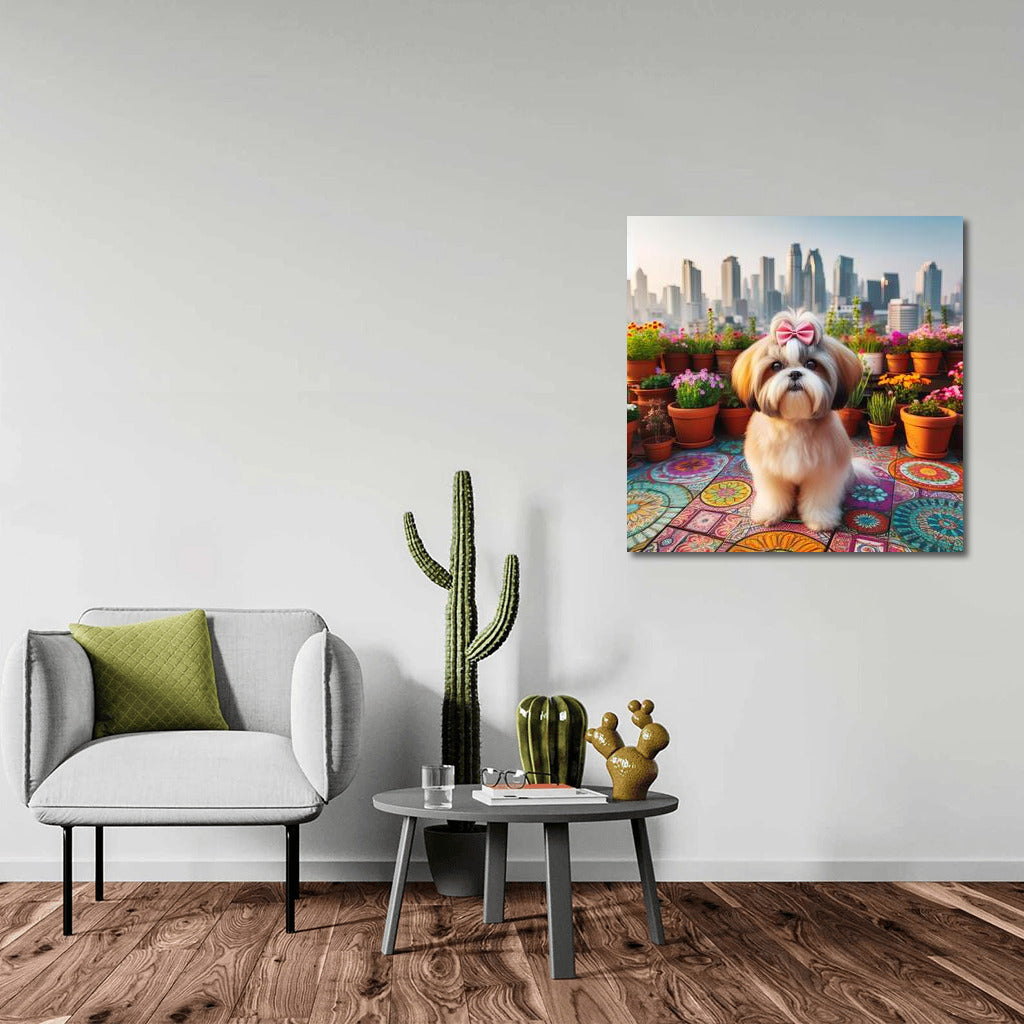 Shih Tzu on a city roof: a stylish look at the panorama