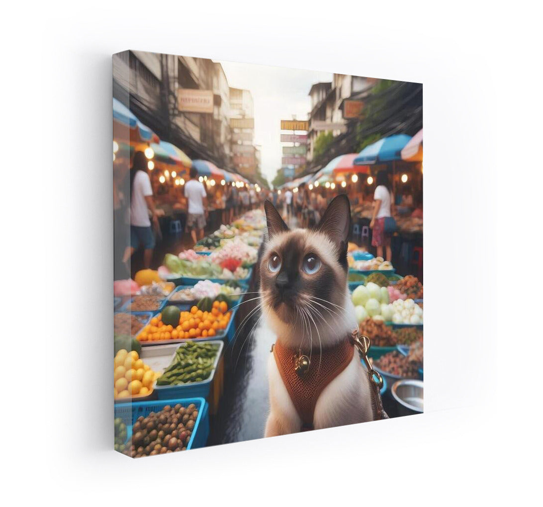 Siamese cat on the colorful streets of Bangkok market