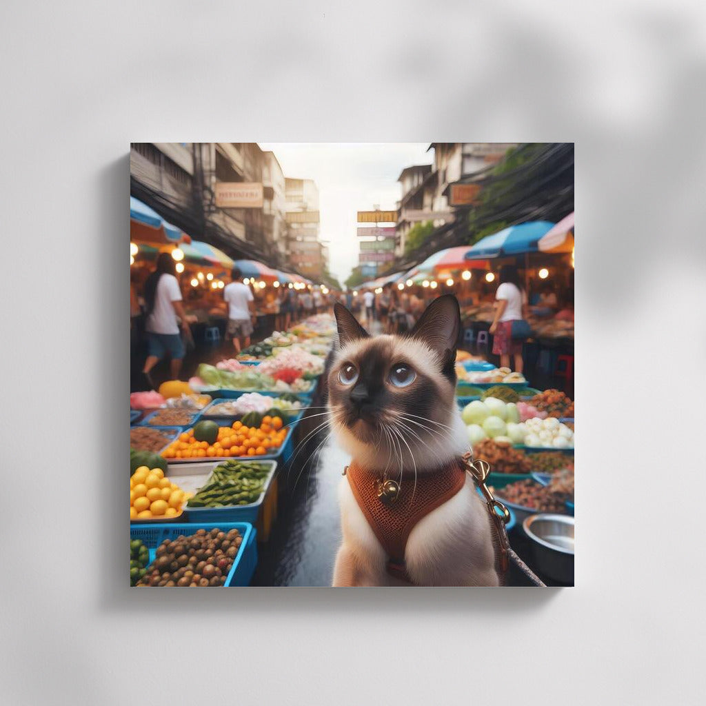 Siamese cat on the colorful streets of Bangkok market