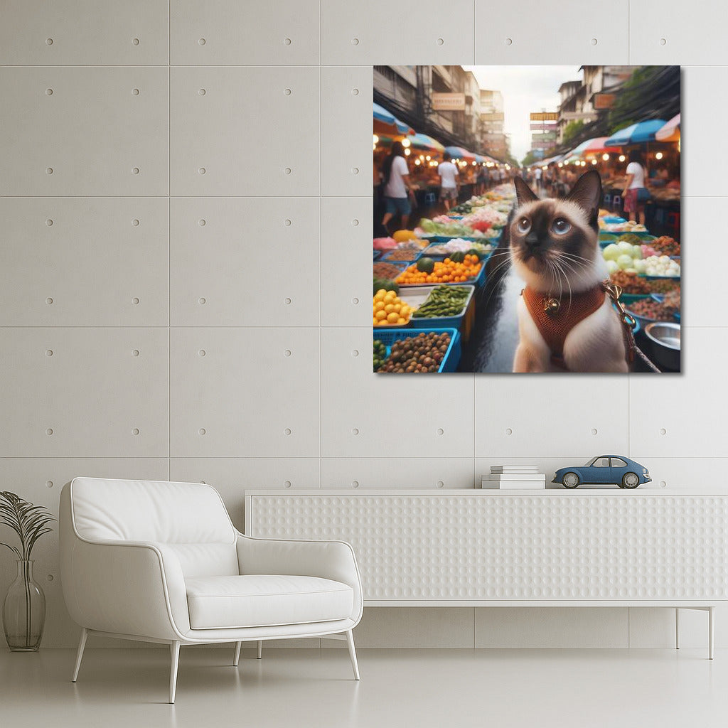 Siamese cat on the colorful streets of Bangkok market