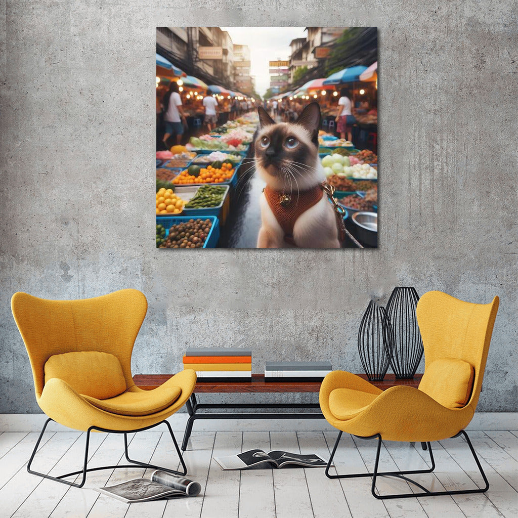 Siamese cat on the colorful streets of Bangkok market