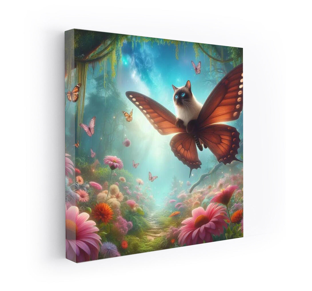Siamese cat on butterfly wings in a magical forest