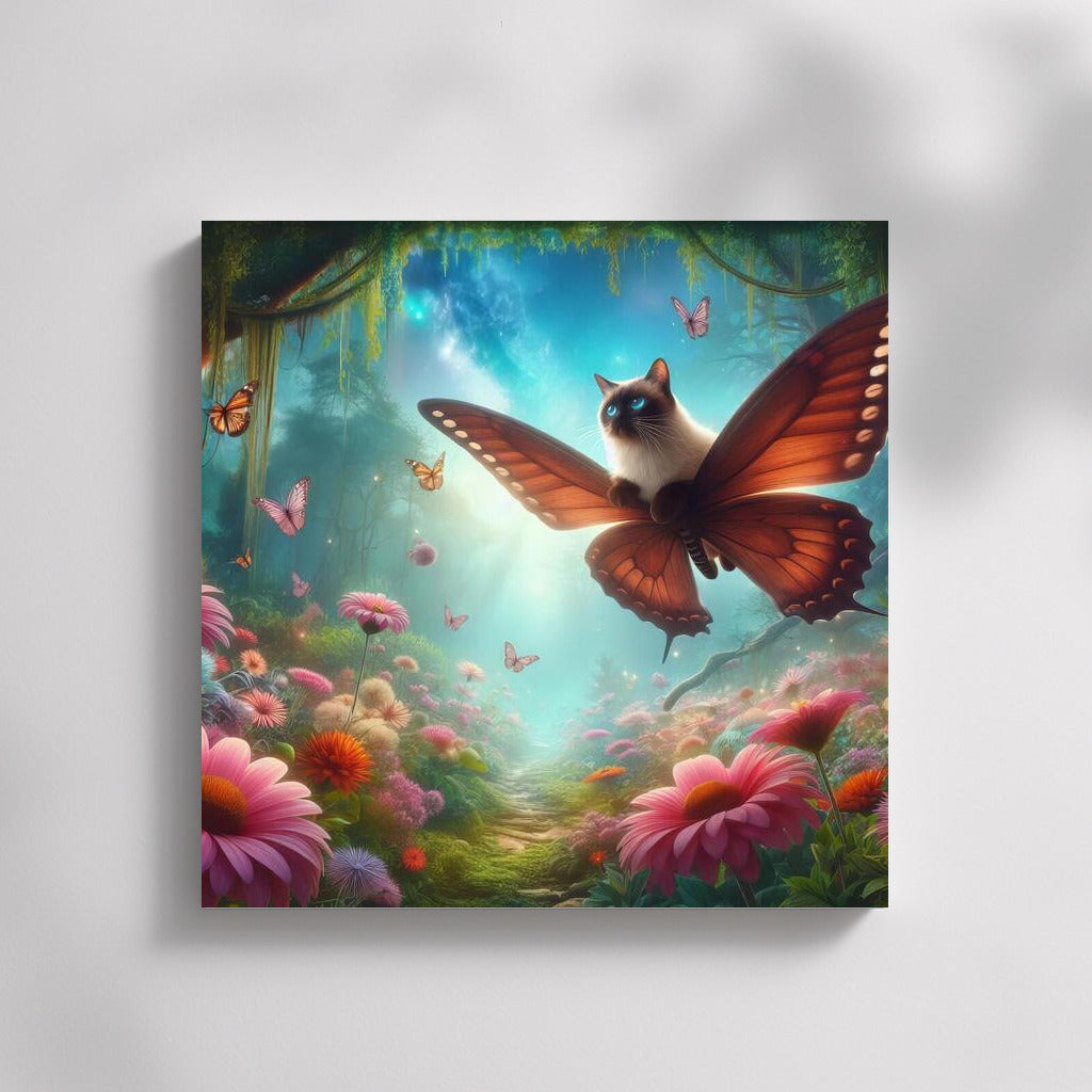 Siamese cat on butterfly wings in a magical forest