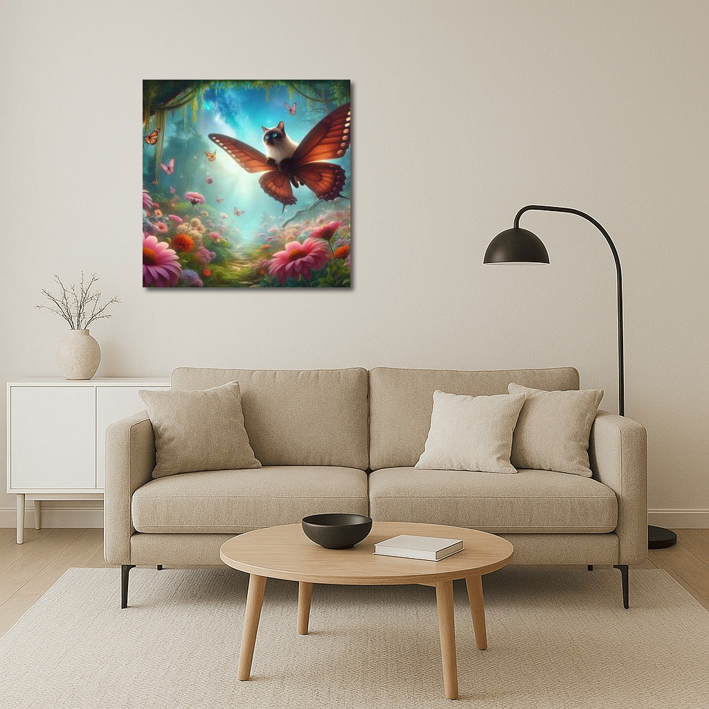 Siamese cat on butterfly wings in a magical forest